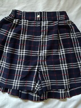 Korean Style Navy Plaid Pleated Skort with Red & White Lines